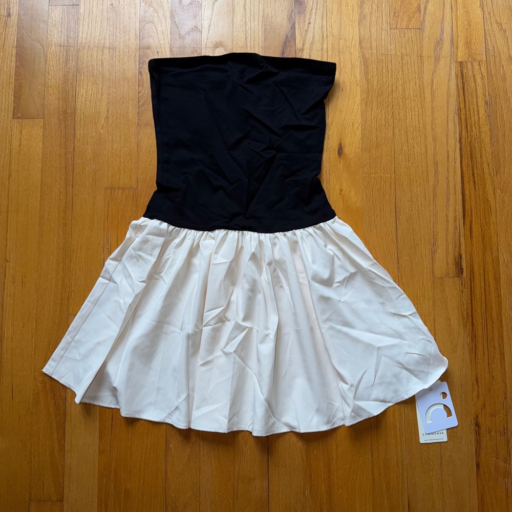 NEW Commense Strapless Two Tone Mini Dress Black Cream‎ Tube Bubble Skirt XS
